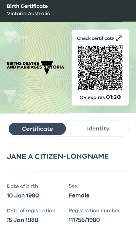 An example of a Victorian digital birth certificate. It has the owner's name in the centre and a large QR code in the top right. It also says the owner's date of birth, their sex, date of registration, and their registration number.