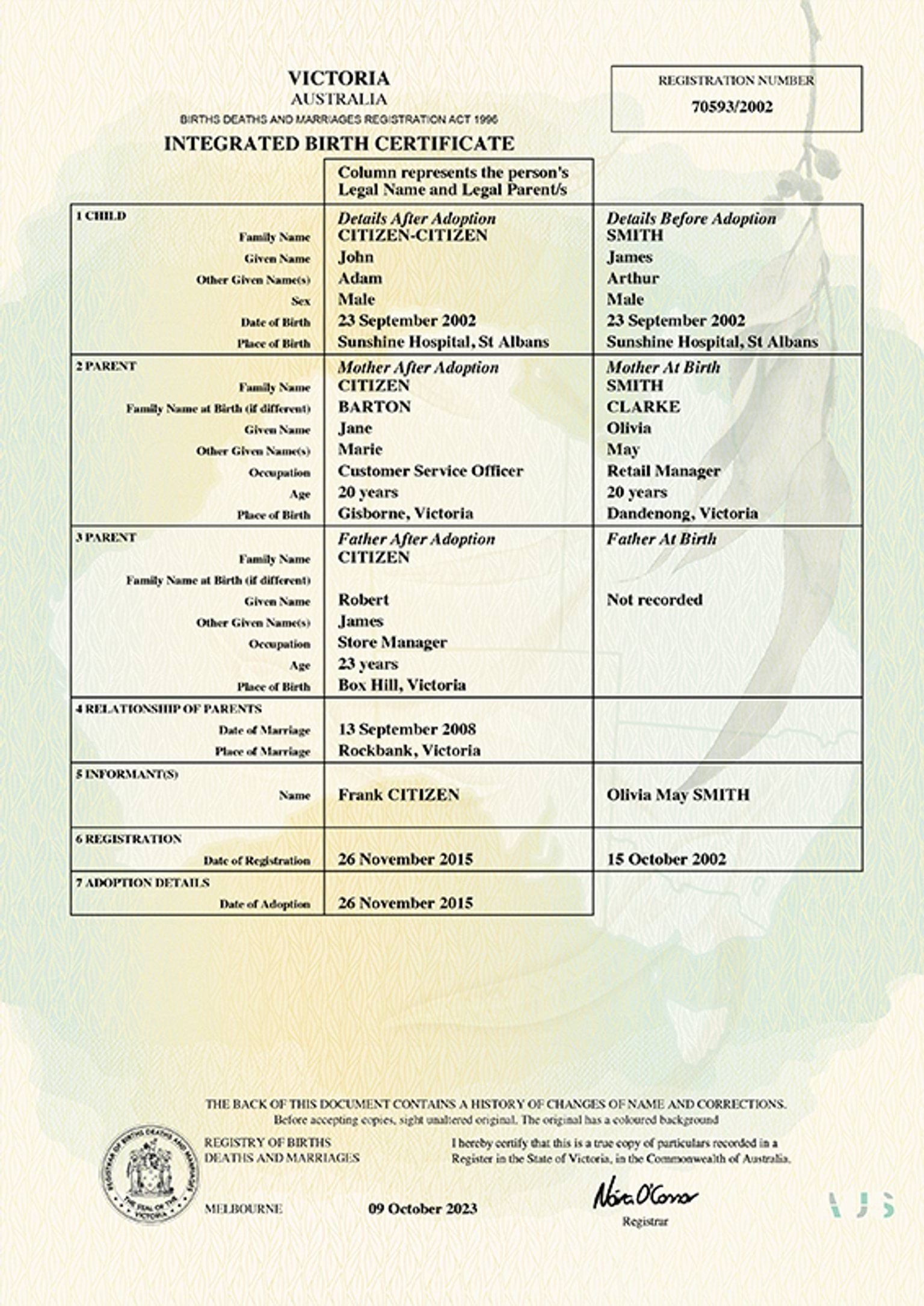In this example of an integrated birth certificate, some records about the person’s natural parents were unavailable. Those spaces are blank or marked 'not recorded'.