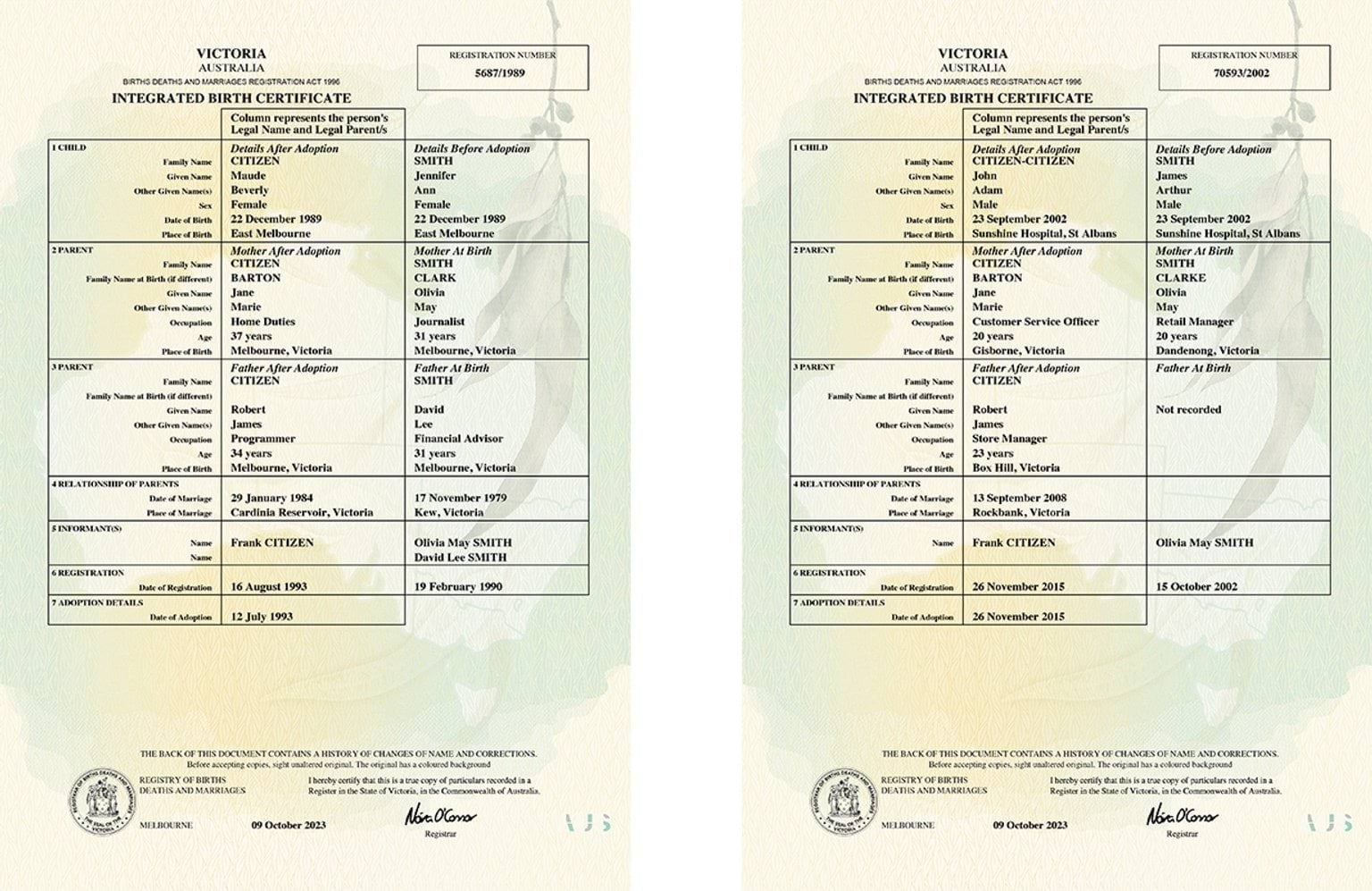 The image shows two examples of an integrated birth certificate. In the second example, some records about the person’s natural parents were unavailable.